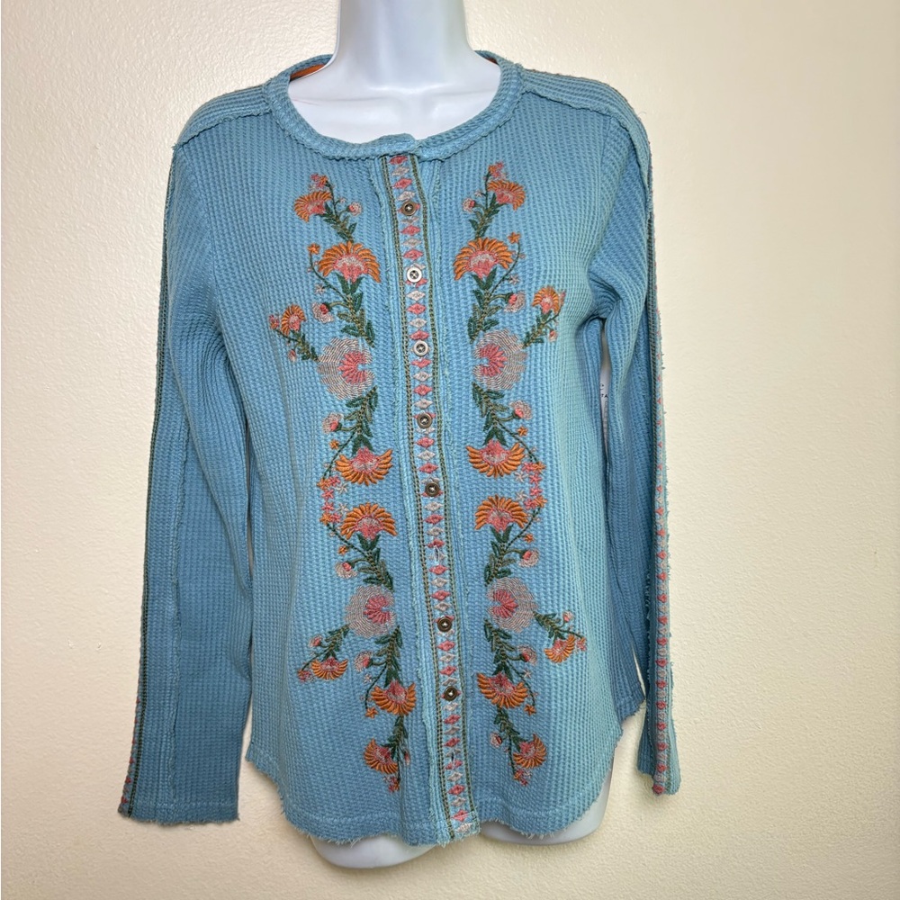 Sundance Waffle Knit Button Down Long Sleeve Embroidered Top